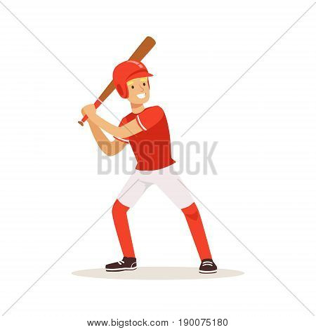 Baseball player in red uniform swinging with bat vector Illustration isolated on a white background