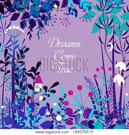 Vector decorative floral frame with forest elements. Doodles background for summer open air projects, cards, packaging, and other design. Magic wood illustration