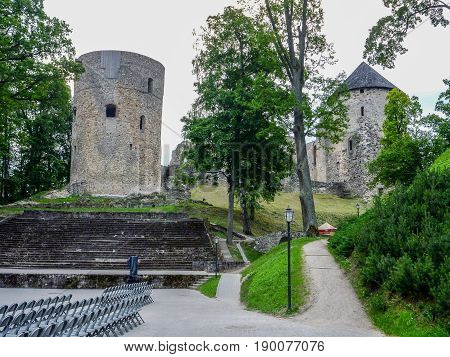Watchtower and surrounding wall of castle ruins in Cesis town, Latvia
