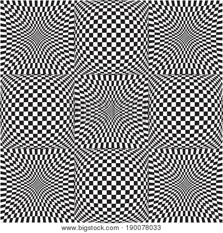 Vector 3d abstract pattern. Optical illusion. Distorted chess.