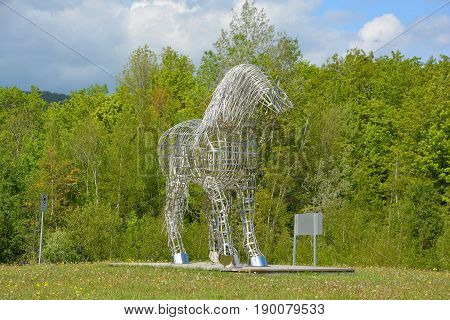 BROMONT QUEBEC CANADA 06 21 17:  By Mathieu Isabelle new statue in Bromont. The home of the Parc equestre Olympique de Bromont, equestrian olympic park.