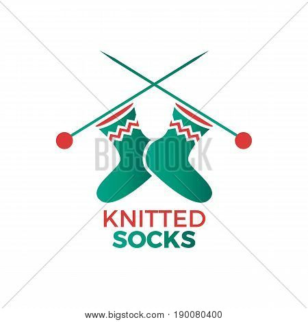 Illustration of woolen socks on a knitten needles. Knitted wear shop, atelier or garment logo. Vector colorful flat logotype isolated on white.