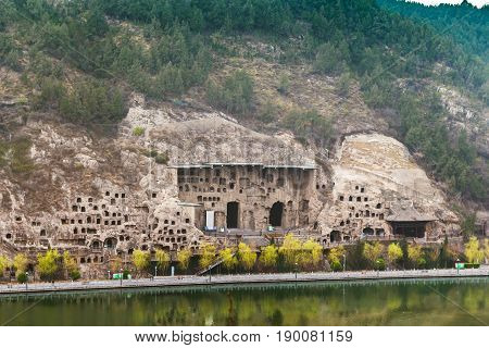 View Of Grottoes On West Hill In Longmen Caves