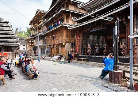 Tourists And Dong Culture Show In Chengyang