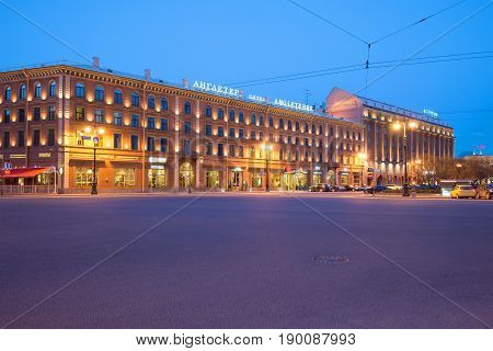 ST PETERSBURG, RUSSIA - MAY 03, 2017: Angleterre and Astoria Hotels in May twilight on the St. Isaac's Square