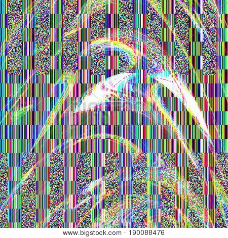Glitch psychedelic background. Old TV screen error. Digital pixel noise abstract design. Broken pixels glitch. Television signal fail. Technical problem grunge wallpaper. Colorful noise rerto
