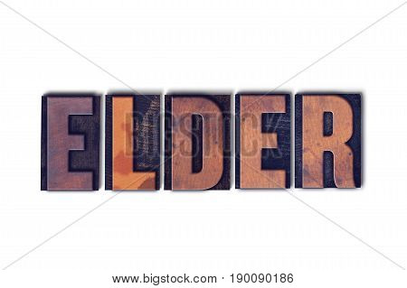 The word Elder concept and theme written in vintage wooden letterpress type on a white background.