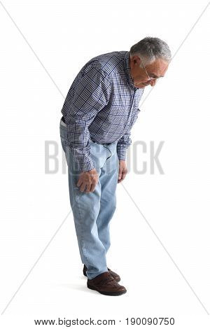Man looking for a thing he has lost on white