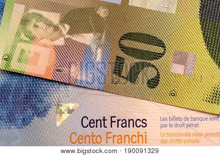 Close up Swiss francs currency note CHF