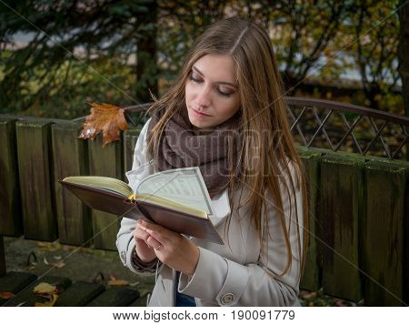 Beautiful young woman reading book in the park.
