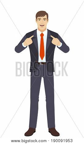 Self-promotion. Businessman pointing at himself. Full length portrait of businessman character in a flat style. Vector illustration.
