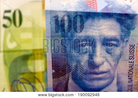 Close up Swiss francs currency note CHF