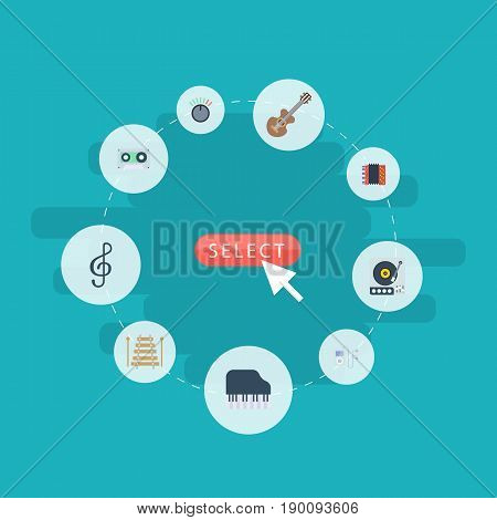 Flat Icons Quaver, Turntable, Musical Instrument And Other Vector Elements. Set Of Melody Flat Icons Symbols Also Includes Guitar, Turntable, Tape Objects.