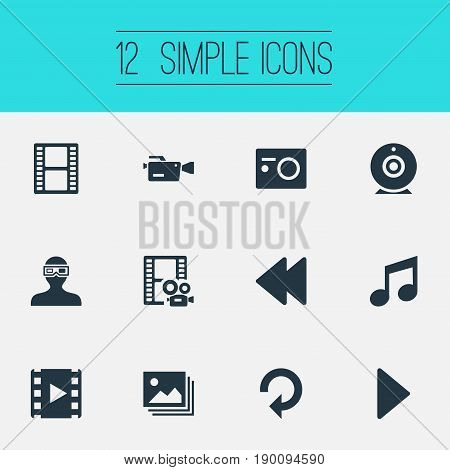 Vector Illustration Set Of Simple Multimedia Icons. Elements 3D Glasses, Play, Filmstrip And Other Synonyms Backward, Start And 3D.