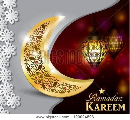 Ramadan greetings gold moon on a dark background with paper ornament and maroccan lanterns