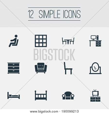 Vector Illustration Set Of Simple Furniture Icons. Elements Cabinet, Easychair, Display And Other Synonyms Stool, Looking-Glass And Chest.