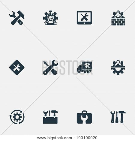 Vector Illustration Set Of Simple Fixing Icons. Elements Builder Team, Construction, Staff And Other Synonyms Toolkit, Monitor And Workman.