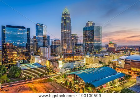 Charlotte, North Carolina, USA uptown cityscape at twilight.