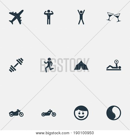 Vector Illustration Set Of Simple Yoga Icons. Elements Ballance, Camping, Powerlifting And Other Synonyms Motorbike, Alcohol And Happy.