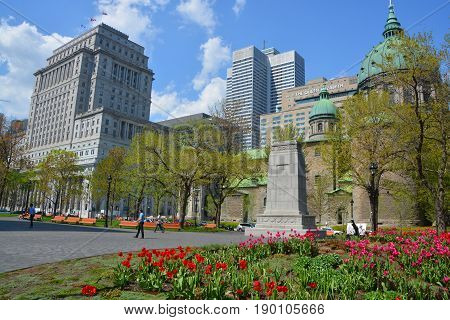 MONTREAL QUEBEC CANADA 09 17 2016: Sunlife building in Montreal canada.The Sun Life Building is an historic office building at 1155 Metcalfe Street. Place ville Marie in background.
