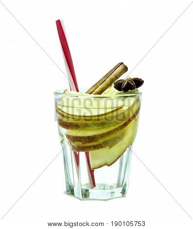Detox water with apple cinnamon and anise isolated on white background. Healthy lifestyle. Drinks for health
