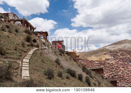 Red village and monastery at Larung gar (Buddhist Academy) in Sichuan China
