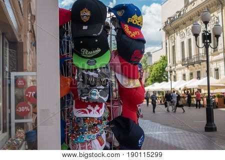 Russia, Moscow, June 7, 2017: Russian Gift And Souvenirs Shop On Famous Arbat Street