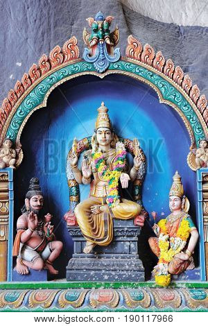 Indian Deity Statues decorating the Batu Caves from the outside Malaysia. The cave is one of the most popular Hindu shrines outside India