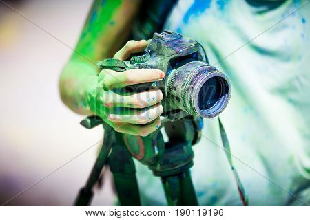 Detail of dirty dslr camera. Equipment mistreat.