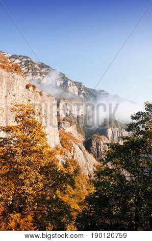 Early morning clouds hanging over Yandangshan or Yandang mountains in China in Zhejiang province.