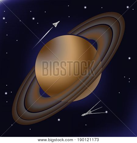 Saturn with its orbital rings from asteroids. Planet of the solar system is depicted against a background of deep space with stars. A spaceship and a research shuttle similar to Cassini flies past him