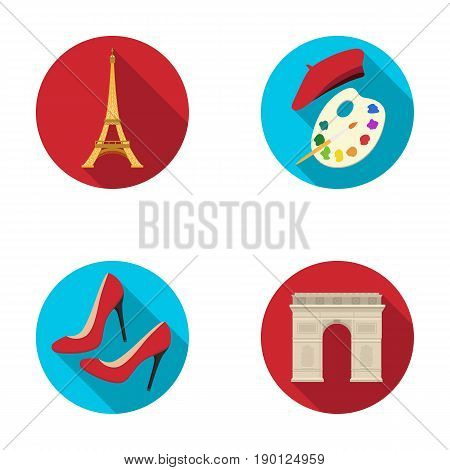 Eiffel tower, brush, hat .France country set collection icons in flat style vector symbol stock illustration .