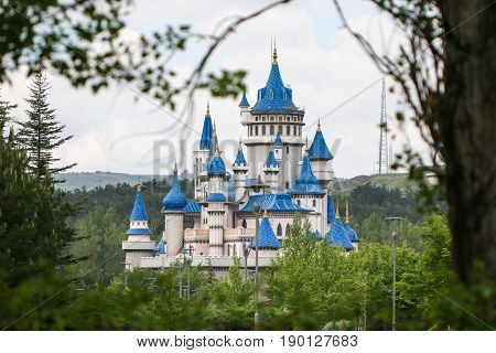 Fairy tale castle in Sazova Science Art and Cultural Park. Eskisehir City, Turkey.