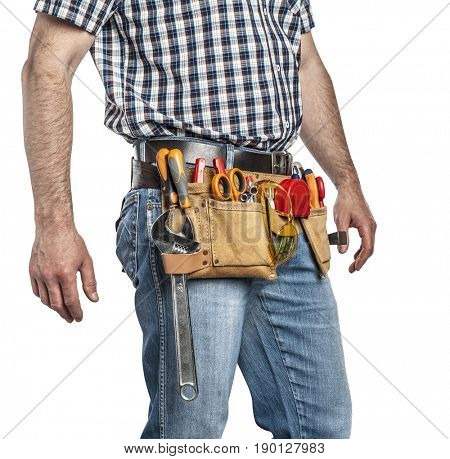 detail of handyman with toolsbelt and tools isolated on white background