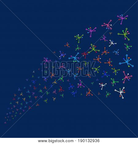 Source stream of big bang symbols. Vector illustration style is flat bright multicolored big bang iconic symbols on a blue background. Object stream combined from random icons.