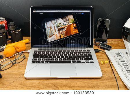 PARIS FRANCE - JUNE 6 2017: Apple Computers website on MacBook Retina in creative environment showcasing latest news from Apple at WWDC 2017 - new iPad pro and Star Walk app