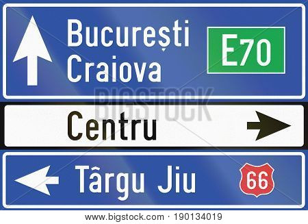 Stacked Direction Road Sign Used In Romania. Centru Means Center