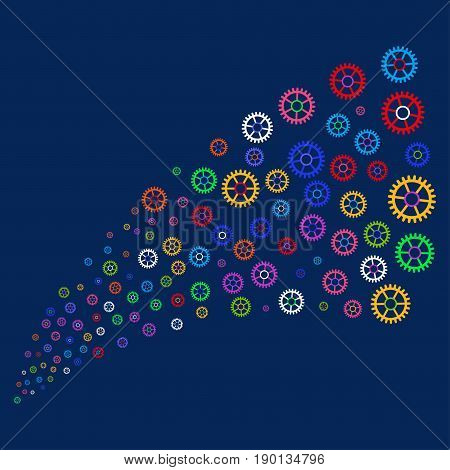 Fountain of clock wheel icons. Vector illustration style is flat bright multicolored clock wheel iconic symbols on a blue background. Object stream combined from confetti pictographs.
