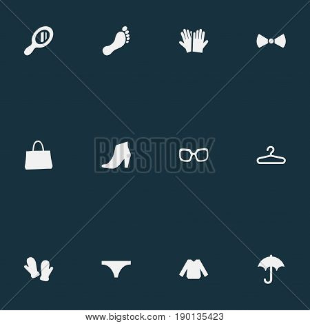 Vector Illustration Set Of Simple Dress Icons. Elements String, Blouse, Make-Up Glass And Other Synonyms Winter, Rack And Fashion.