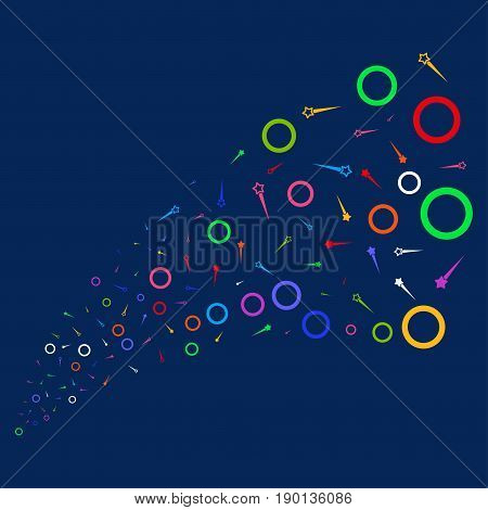 Source stream of confetti stars icons. Vector illustration style is flat bright multicolored confetti stars iconic symbols on a blue background. Object salute made from confetti icons.