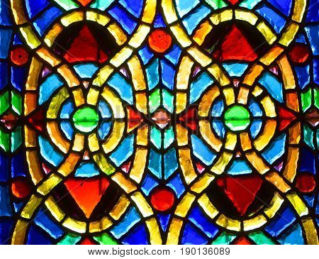 MONTREAL CANADA 05 19 2017: Stained Glass Window With Symmetrical Patterns In Notre-Dame Basilica. Gota love glass in Old Montreal Quebec Canada