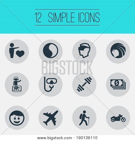 Vector Illustration Set Of Simple Fashion Icons. Elements Ballance, Plane, Night Club And Other Synonyms Yin-Yang, Dumbbell And Face.