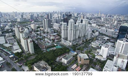 BANGKOK THAILAND - JUNE 72017 : aerial view of high and modern office building at ratchadaphisek roadnewly business center are in capital