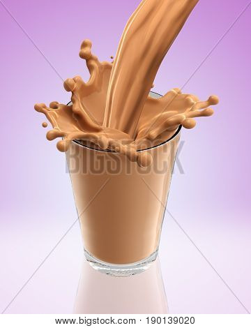 Splash of chocolate milk from the glass .Pink background. 3d rendering