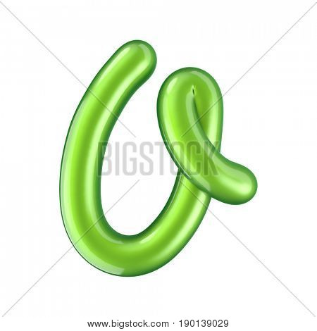 Glossy green letter O uppercase. 3D rendering font with glint isolated on white background.