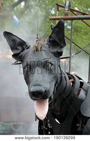 MONTREAL QUEBEC CANADA 19 05 17: Giants Xolo dog walking in the street of Montreal for the 375e anniversary of the city, by Royal De Luxe company Nantes France