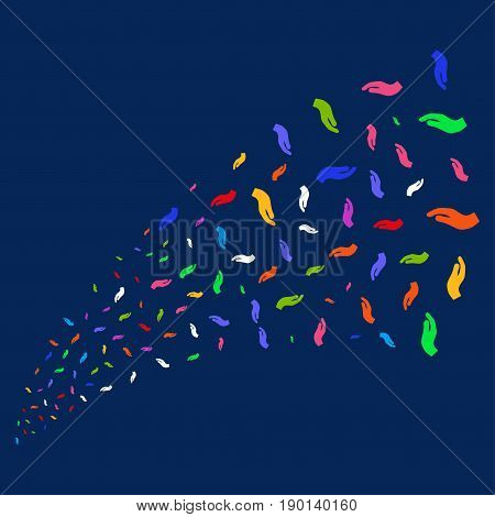 Source of hand icons. Vector illustration style is flat bright multicolored hand iconic symbols on a blue background. Object stream combined from scattered pictograms.