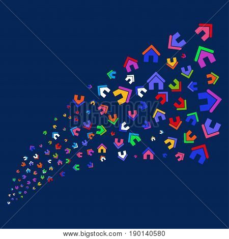 Source of home icons. Vector illustration style is flat bright multicolored home iconic symbols on a blue background. Object stream combined from scattered symbols.
