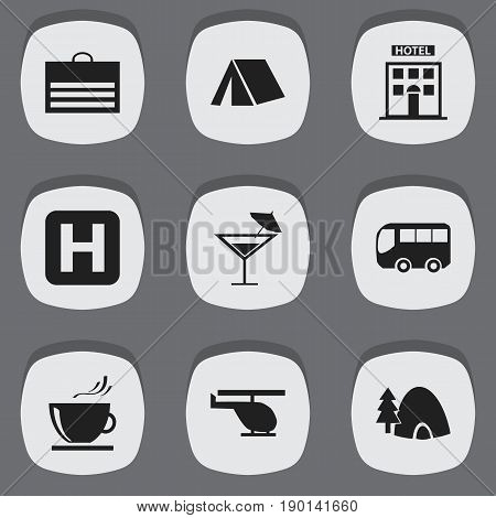 Set Of 9 Editable Journey Icons. Includes Symbols Such As Tabernacle, Motorbus, Helipad And More. Can Be Used For Web, Mobile, UI And Infographic Design.