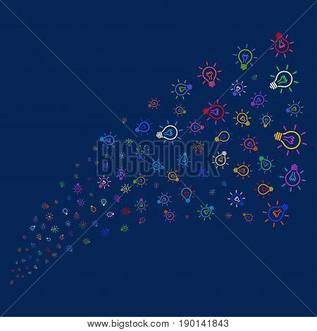 Source of light bulb symbols. Vector illustration style is flat bright multicolored light bulb iconic symbols on a blue background. Object salute done from scattered pictograms.